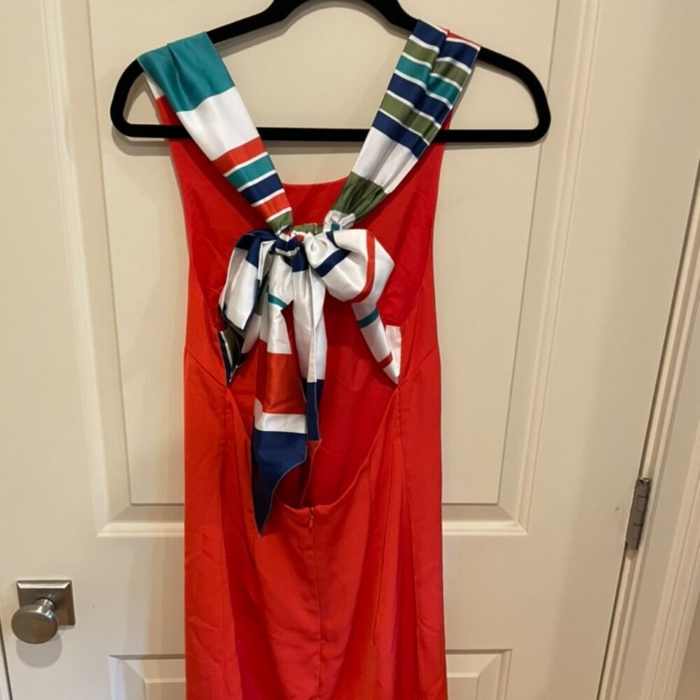Lulus Joyful Red Orange Multi Stripe Tie-Back Mini Dress